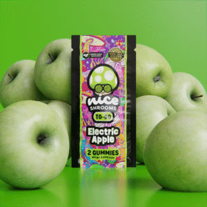 apple mushroom gummies to-go edition on a green background surrounded by apples