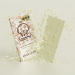 white chocolate shroom bar on a white background