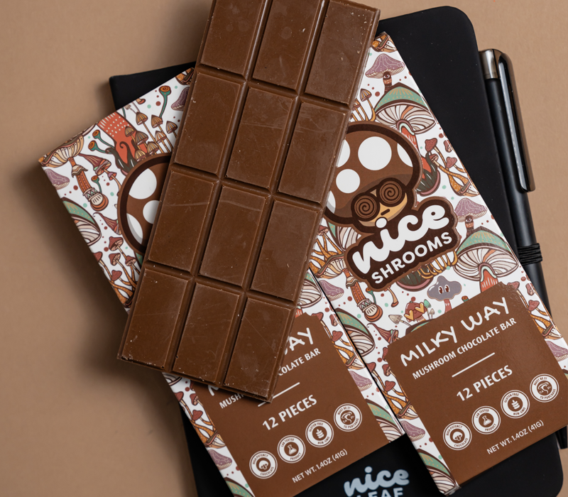 milky way mushroom chocolate on a brown background