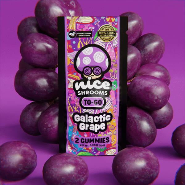 galactic grape mushroom gummies on a purple background surrounded by grapes